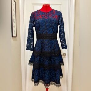 Eliza J Navy and Black Lace Long Sleeve Dress, sz 6